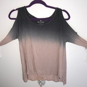 Grey to pink ombré soft sexy shoulder cut out tee